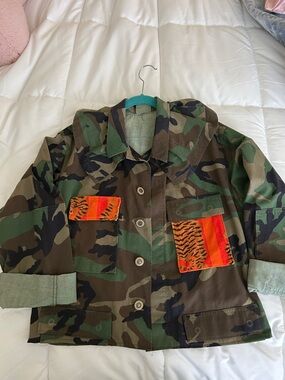 Camo Women's Camouflage Utility Jacket with Orange Tiger Patch Accents